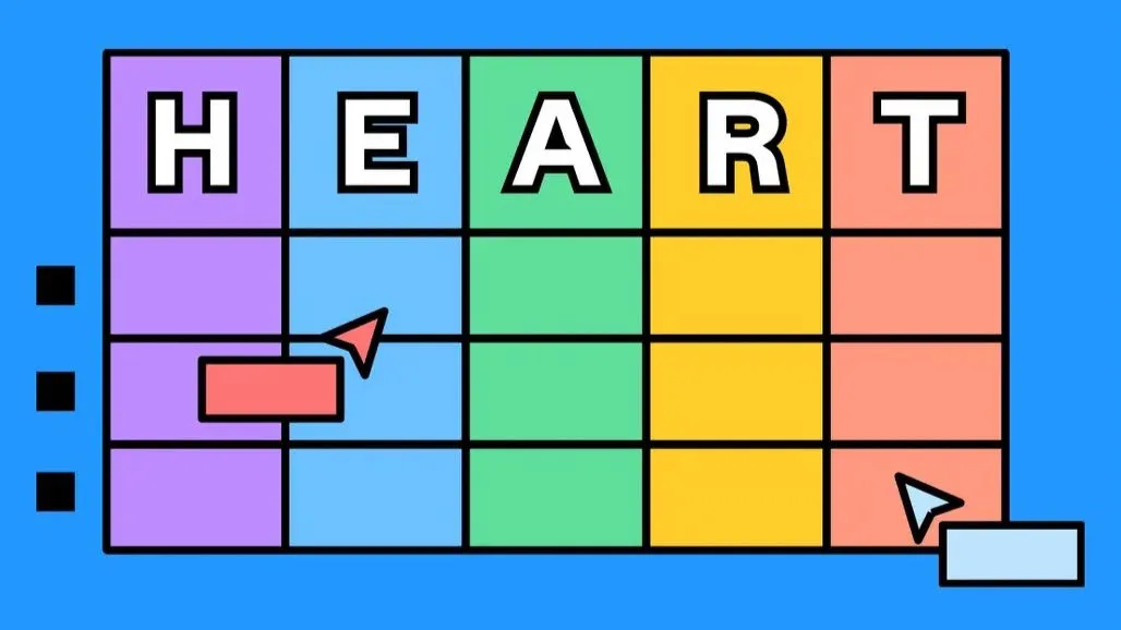 A flat illustration on a blue ground: a five-column grid spelling HEART, each column a different colour, with two cursor arrows and a couple of empty input fields drawn over the cells.